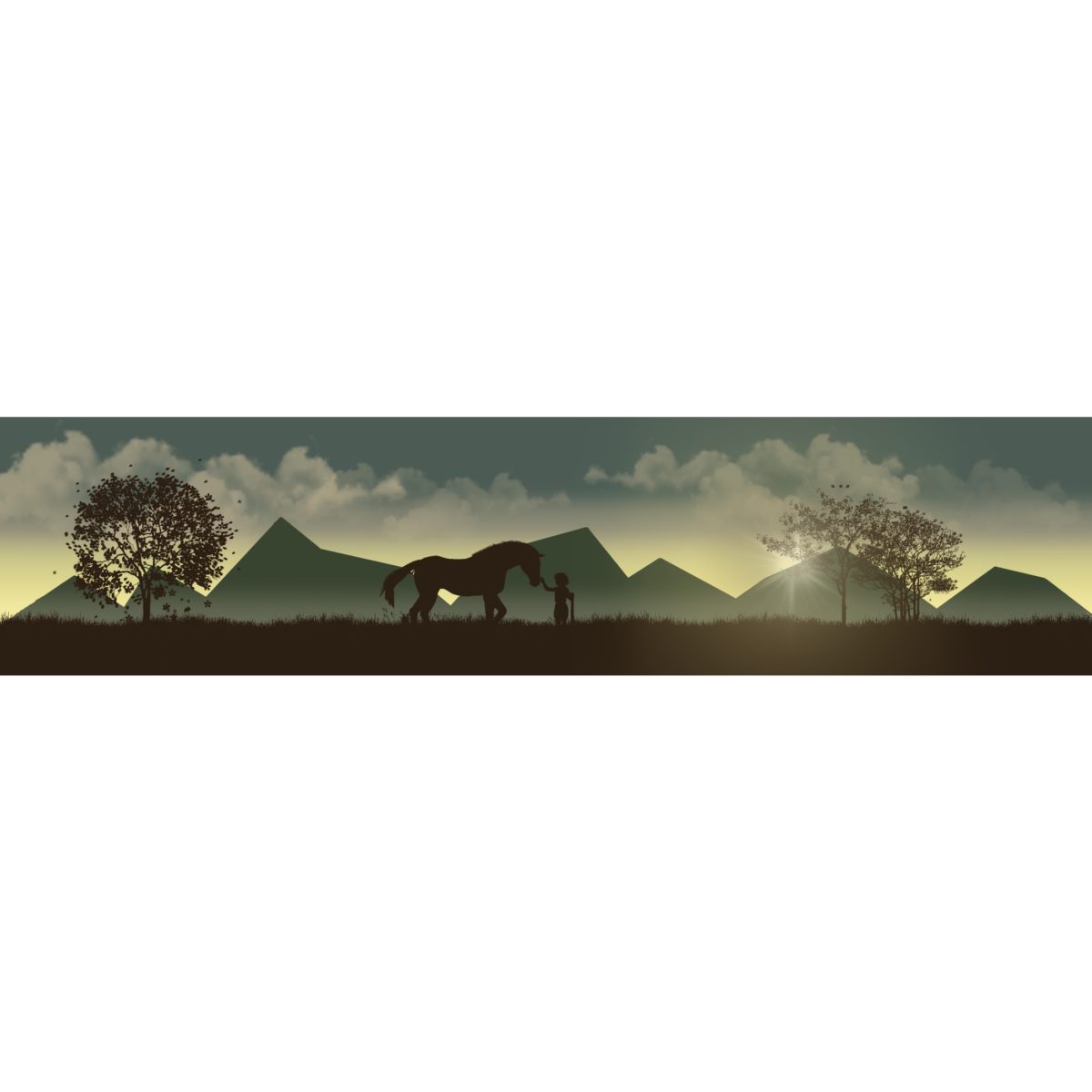 Bandeau personnalisable, montagne et cheval, fille qui murmure à l'oreille d'un cheval, bandeau cheval et montagne, création suisse , vert kaki