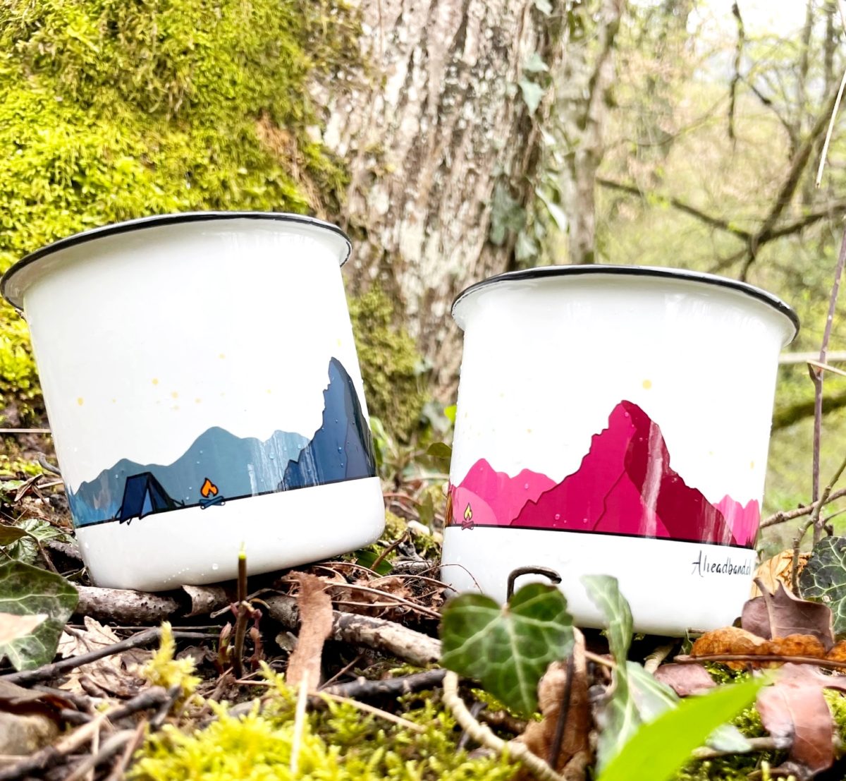 Mug émaillé ou céramique, tasse émaillée , tasse céramique personnalisable, création suisse, montagne suisse, montagne française, fait à la main, handmade , swissmade, homemade- pour les activités extérieures. Cervin , feu , camp, camping bleu