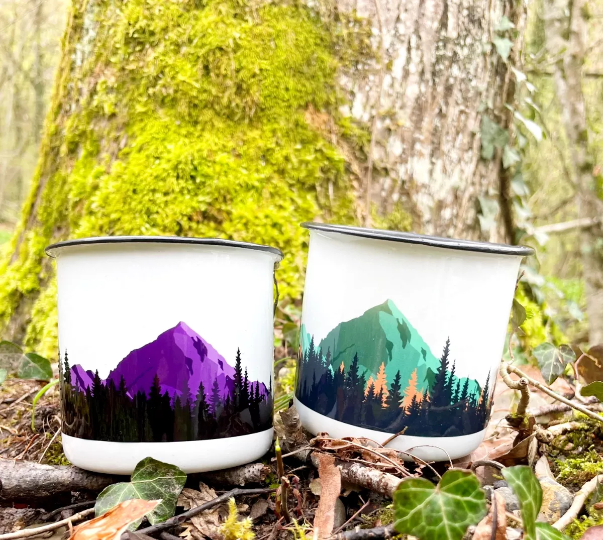 Mug émaillé, tasse émaillée , tasse céramique personnalisable, création suisse, montagne suisse, montagne française, fait à la main, handmade , swissmade, homemade- pour les activités extérieures. La dent blanche et bouquetin, cerf