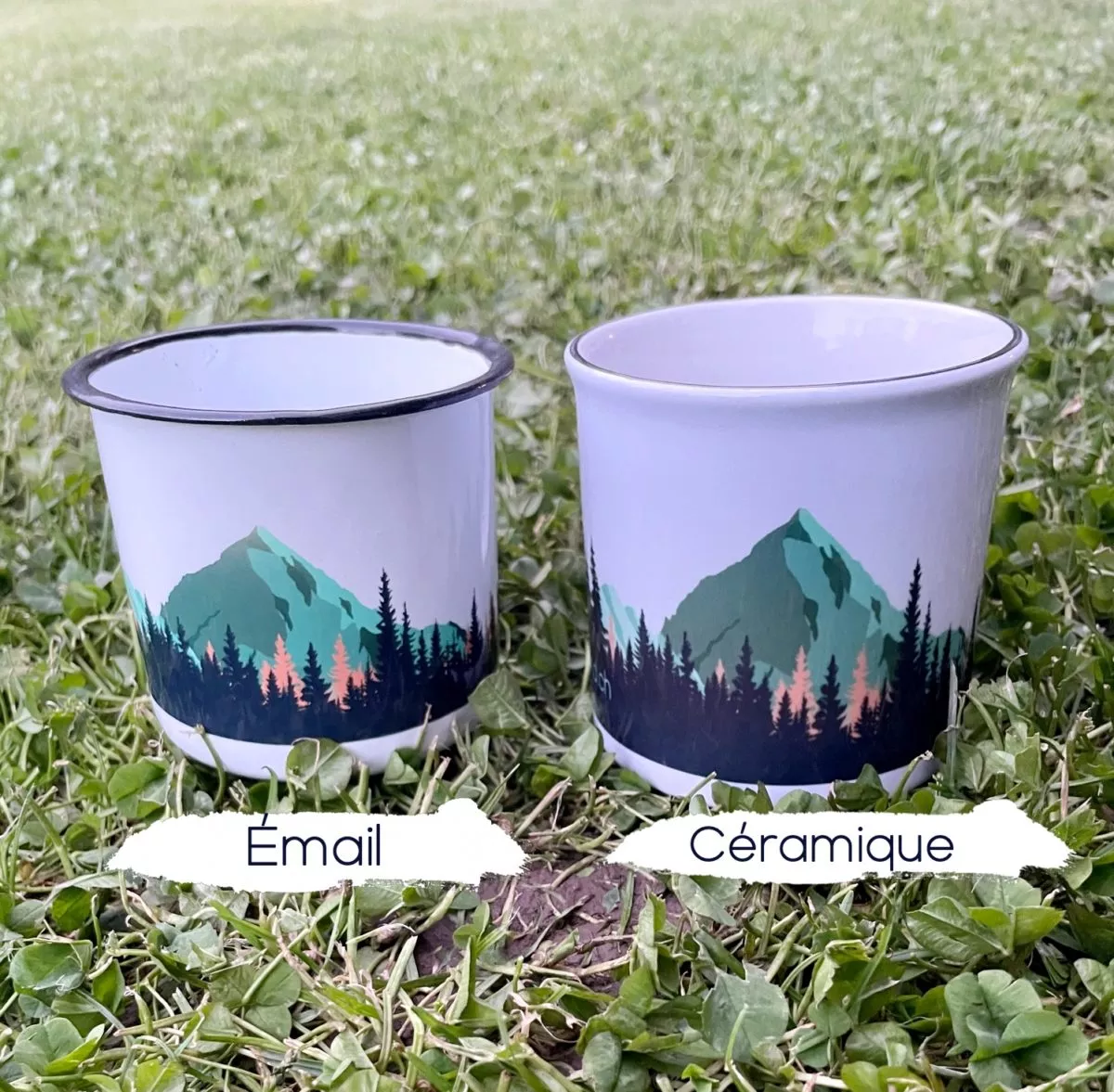 Mug émaillé ou céramique, tasse émaillée , tasse céramique personnalisable, création suisse, montagne suisse, montagne française, fait à la main, handmade , swissmade, homemade- pour les activités extérieures. Cervin , feu , camp, camping bleu, Dent blanche