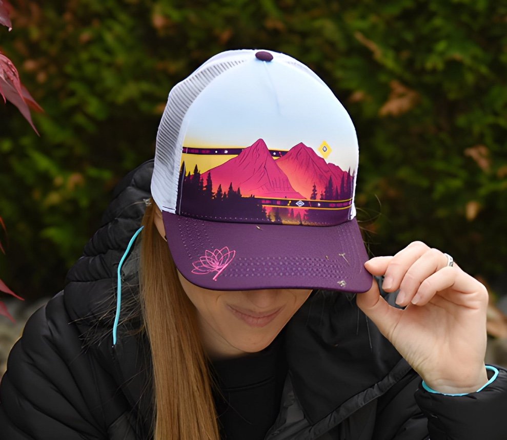 Casquette running Trucker, Inspirés par la nature, montagne, création suisse, Le Cervin noir et blanc, montagne suisse,Casquette fleur, lotus, Brenleire et Foliéran